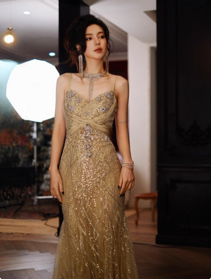 Chic Mermaid Long Prom Dresses Beaded Tulle Spaghetti Straps Evening Dresses Sleeveless Birthday Dresses DP04533