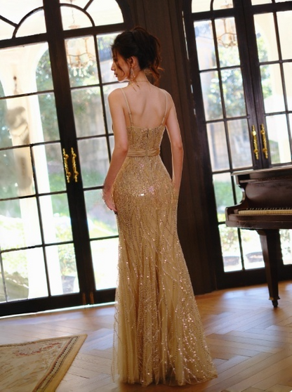 Chic Mermaid Long Prom Dresses Beaded Tulle Spaghetti Straps Evening Dresses Sleeveless Birthday Dresses DP04533