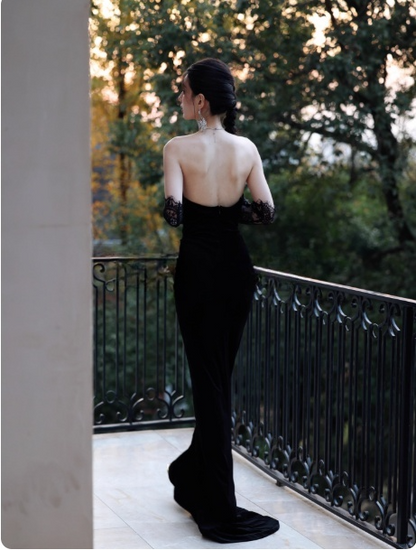 Sexy Black Sheath Long Prom Dresses Satin Sweetheart Evening Dresses Sleeveless Birthday Dresses DP04535