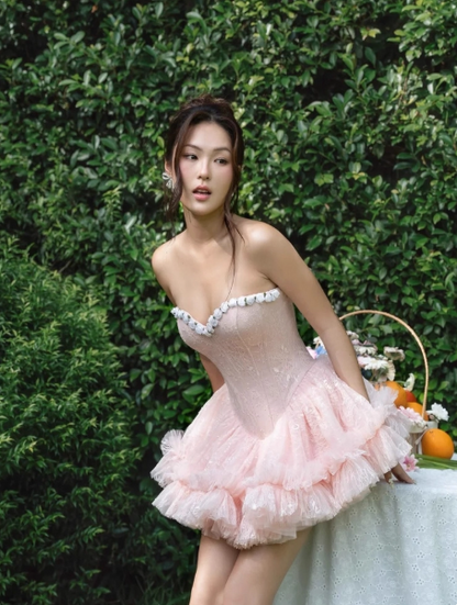 Cute Pink A-Line Long Prom Dresses Tulle Strapless Evening Dresses Backless Birthday Dresses DP04537