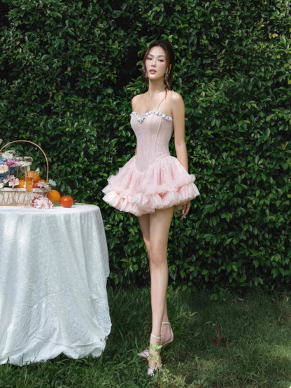 Cute Pink A-Line Long Prom Dresses Tulle Strapless Evening Dresses Backless Birthday Dresses DP04537