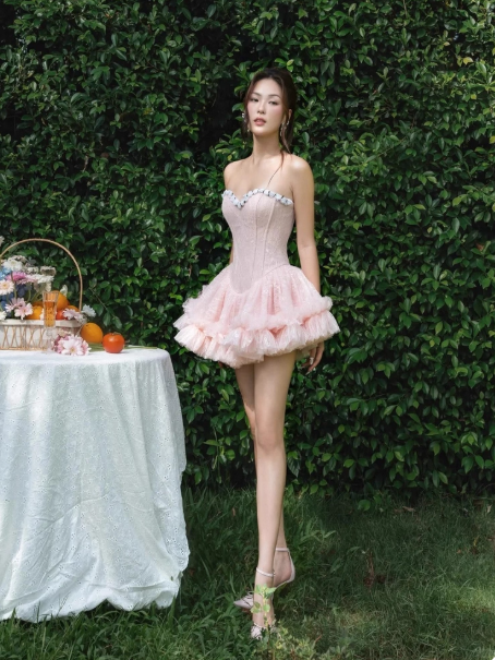 Cute Pink A-Line Long Prom Dresses Tulle Strapless Evening Dresses Backless Birthday Dresses DP04537