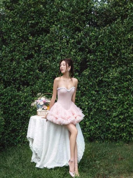 Cute Pink A-Line Long Prom Dresses Tulle Strapless Evening Dresses Backless Birthday Dresses DP04537