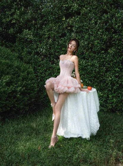 Cute Pink A-Line Long Prom Dresses Tulle Strapless Evening Dresses Backless Birthday Dresses DP04537