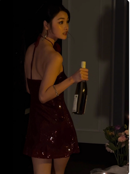 Cute Burgundy Sheath Long Prom Dresses Sequins Halter Evening Dresses Backless Birthday Dresses DP04538