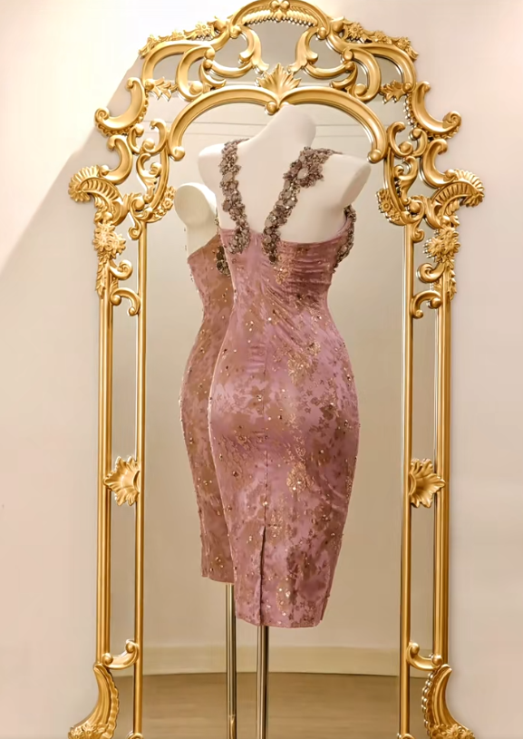 Cute Pink Sheath Long Prom Dresses Beaded Lace Straps Evening Dresses Sleeveless Birthday Dresses DP04539