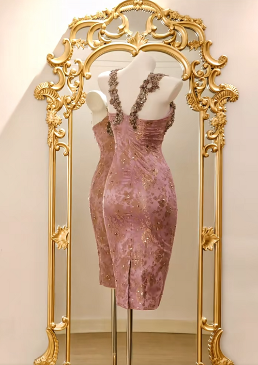 Cute Pink Sheath Long Prom Dresses Beaded Lace Straps Evening Dresses Sleeveless Birthday Dresses DP04539