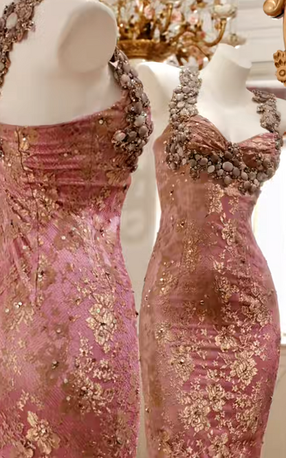 Cute Pink Sheath Long Prom Dresses Beaded Lace Straps Evening Dresses Sleeveless Birthday Dresses DP04539