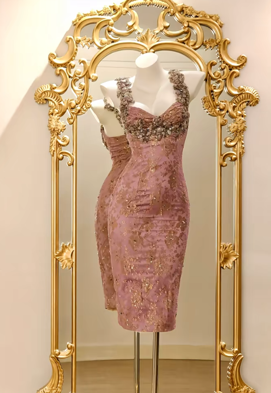 Cute Pink Sheath Long Prom Dresses Beaded Lace Straps Evening Dresses Sleeveless Birthday Dresses DP04539