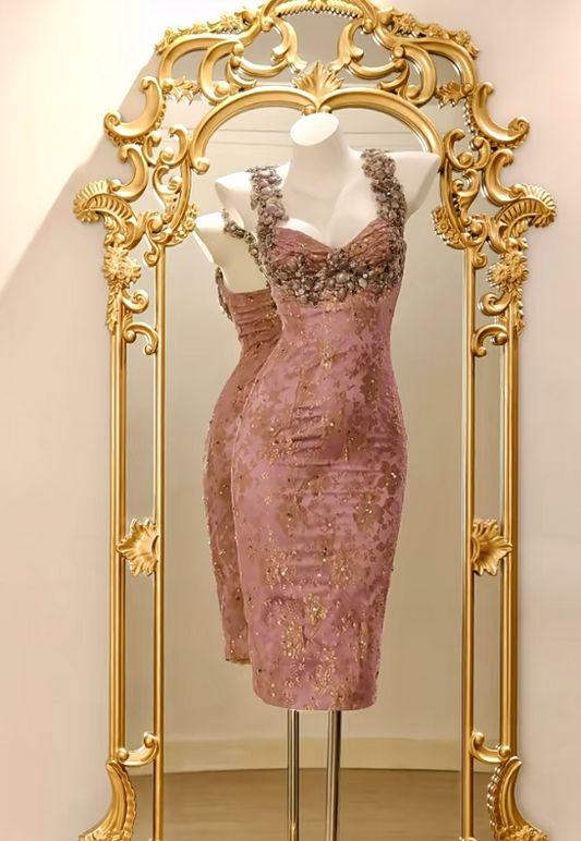 Cute Pink Sheath Long Prom Dresses Beaded Lace Straps Evening Dresses Sleeveless Birthday Dresses DP04539