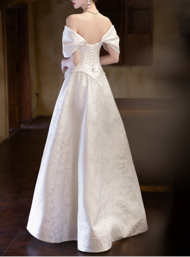 Simple A-Line Long Wedding Dresses Satin White Bridal Dresses Cup Sleeves Bridal Gowns DP04541