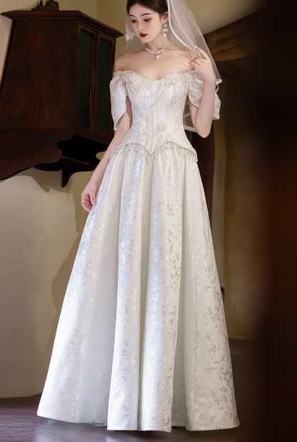 Simple A-Line Long Wedding Dresses Satin White Bridal Dresses Cup Sleeves Bridal Gowns DP04541