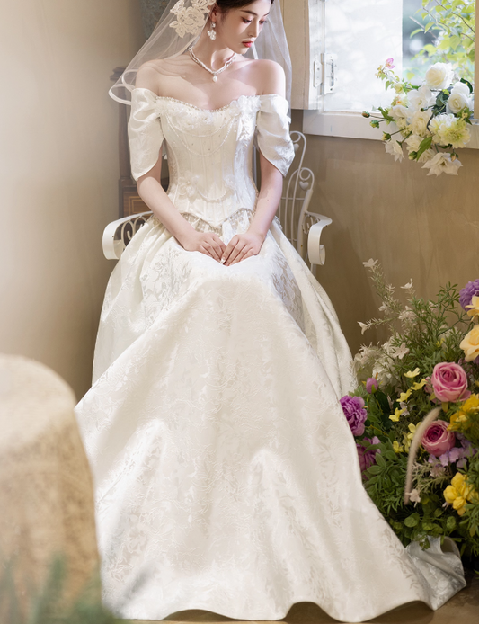 Simple A-Line Long Wedding Dresses Satin White Bridal Dresses Cup Sleeves Bridal Gowns DP04541