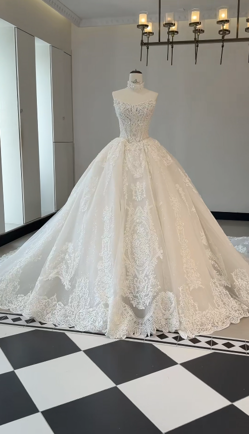 Gorgeous A-Line Long Wedding Dresses Applqiues Lace White Bridal Dresses Strapless Sleeveless Bridal Gowns DP04544