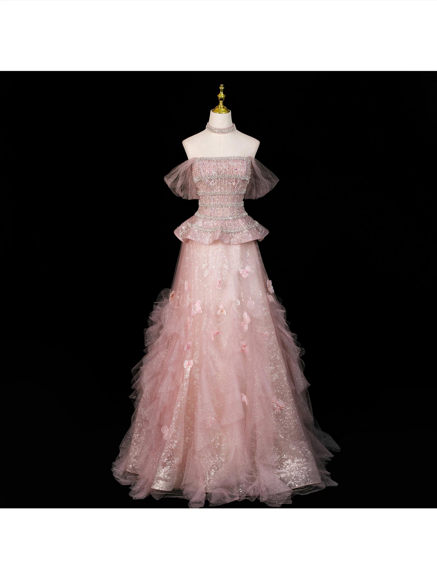 Fairy A-Line Evening Dresses Off-shoulder Pink Long Prom Dresses Appliques Sequins Tulle Sleeveless Brithday Dresses   DP04574