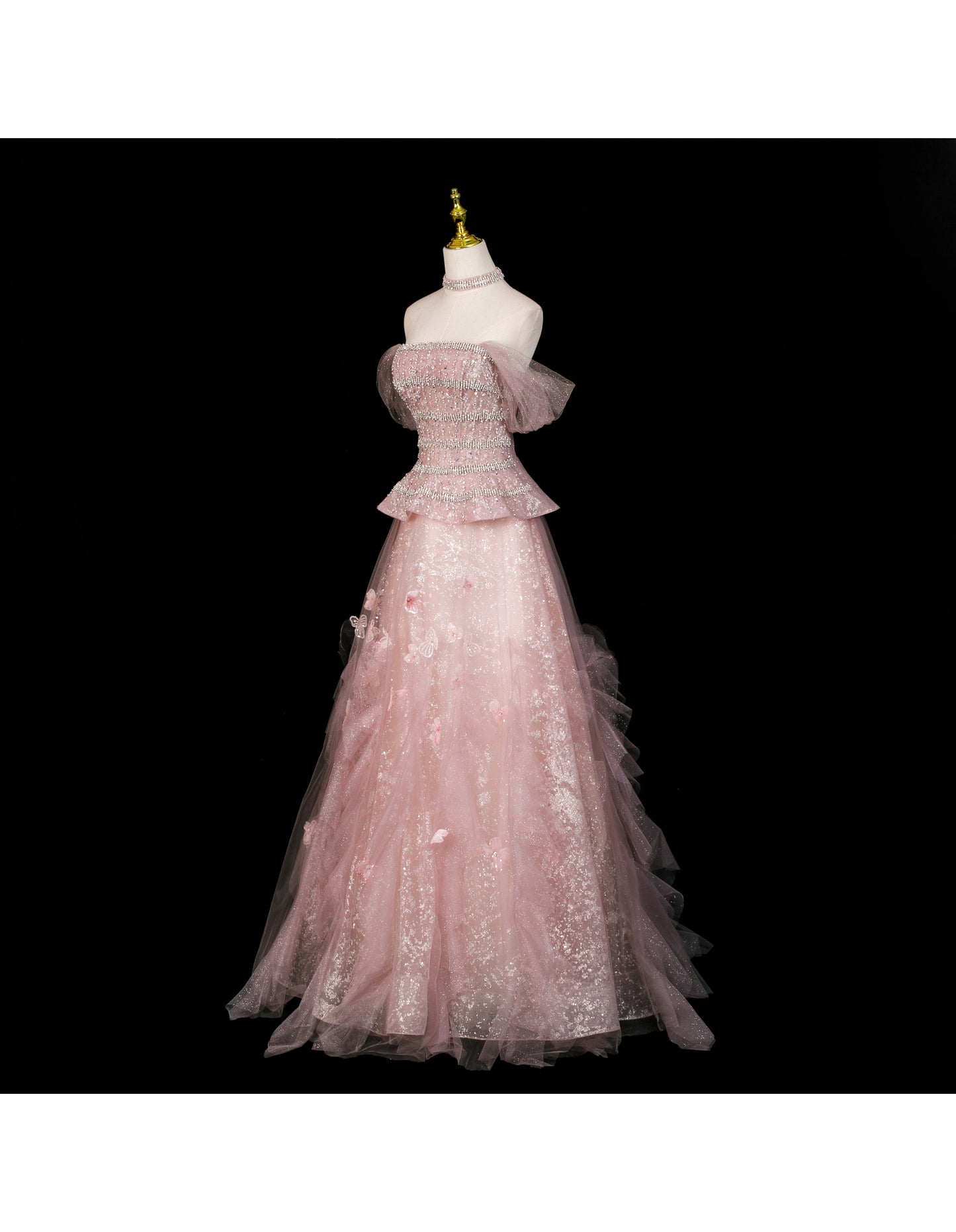 Fairy A-Line Evening Dresses Off-shoulder Pink Long Prom Dresses Appliques Sequins Tulle Sleeveless Brithday Dresses   DP04574