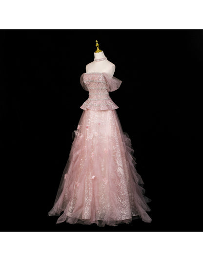 Fairy A-Line Evening Dresses Off-shoulder Pink Long Prom Dresses Appliques Sequins Tulle Sleeveless Brithday Dresses   DP04574