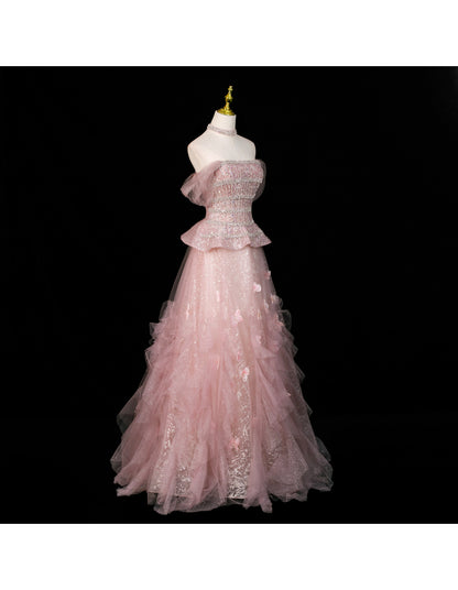 Fairy A-Line Evening Dresses Off-shoulder Pink Long Prom Dresses Appliques Sequins Tulle Sleeveless Brithday Dresses   DP04574