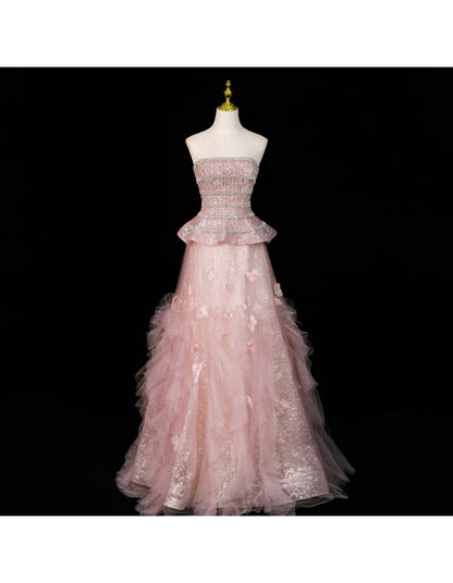 Fairy A-Line Evening Dresses Off-shoulder Pink Long Prom Dresses Appliques Sequins Tulle Sleeveless Brithday Dresses   DP04574