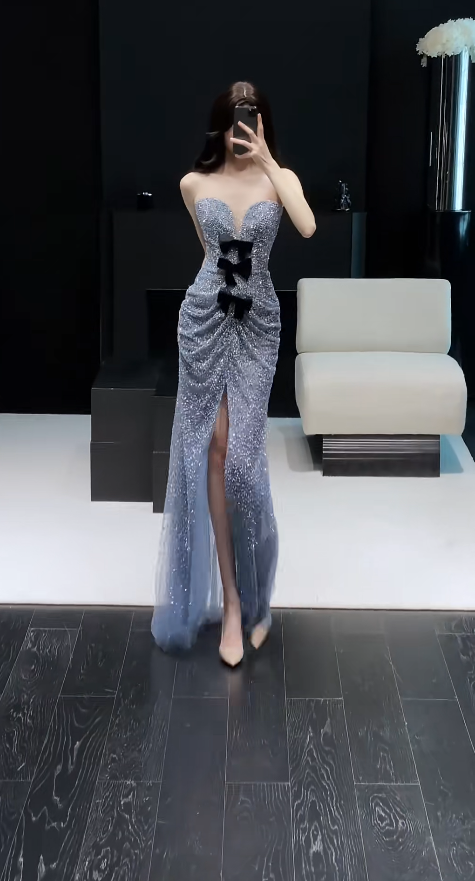 Chic Sheath Evening Dresses Tulle Sweetheart Gray Blue Long Prom Dresses Sleeveless Brithday Dresses  DP04584