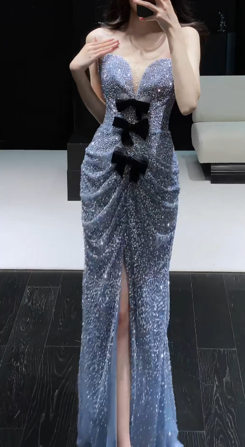 Chic Sheath Evening Dresses Tulle Sweetheart Gray Blue Long Prom Dresses Sleeveless Brithday Dresses  DP04584