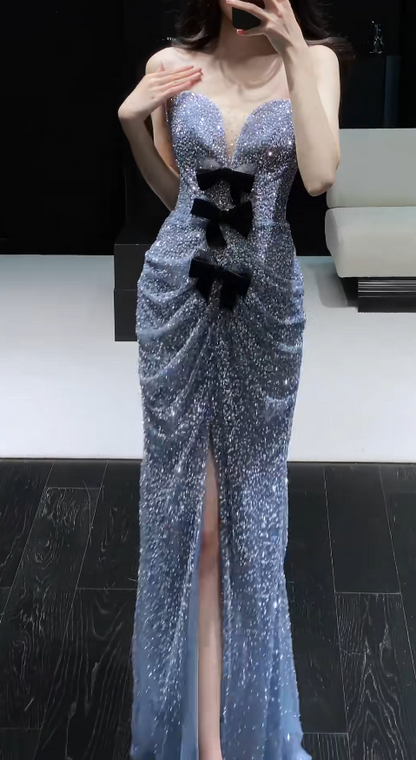 Chic Sheath Evening Dresses Tulle Sweetheart Gray Blue Long Prom Dresses Sleeveless Brithday Dresses  DP04584