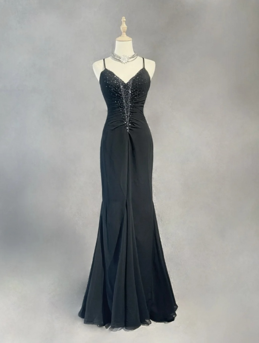 Chic Sheath Evening Dresses Beaded Chiffon Black Long Prom Dresses Sleeveless Brithday Dresses  DP04585