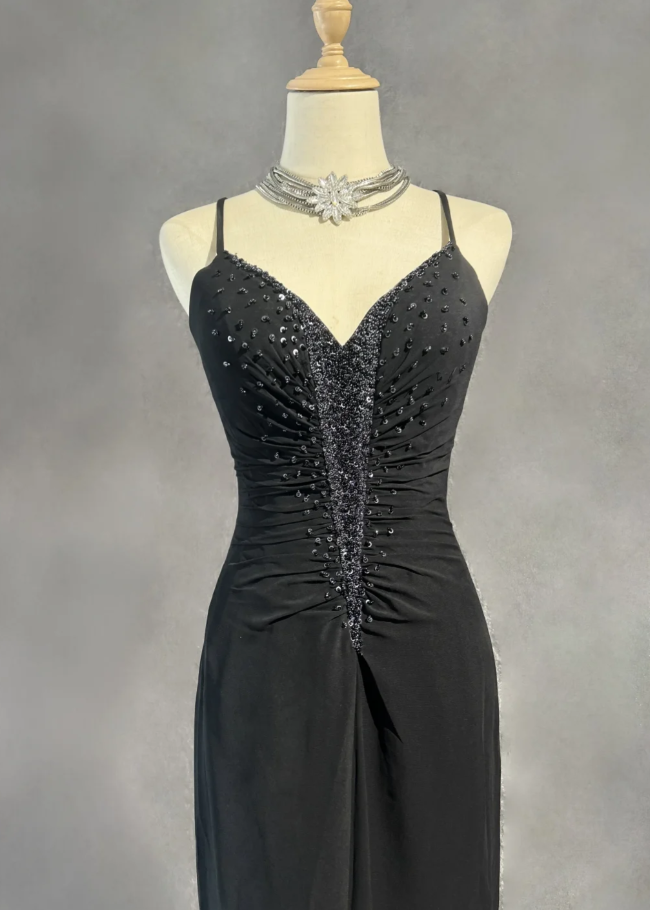 Chic Sheath Evening Dresses Beaded Chiffon Black Long Prom Dresses Sleeveless Brithday Dresses  DP04585