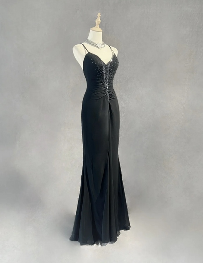 Chic Sheath Evening Dresses Beaded Chiffon Black Long Prom Dresses Sleeveless Brithday Dresses  DP04585