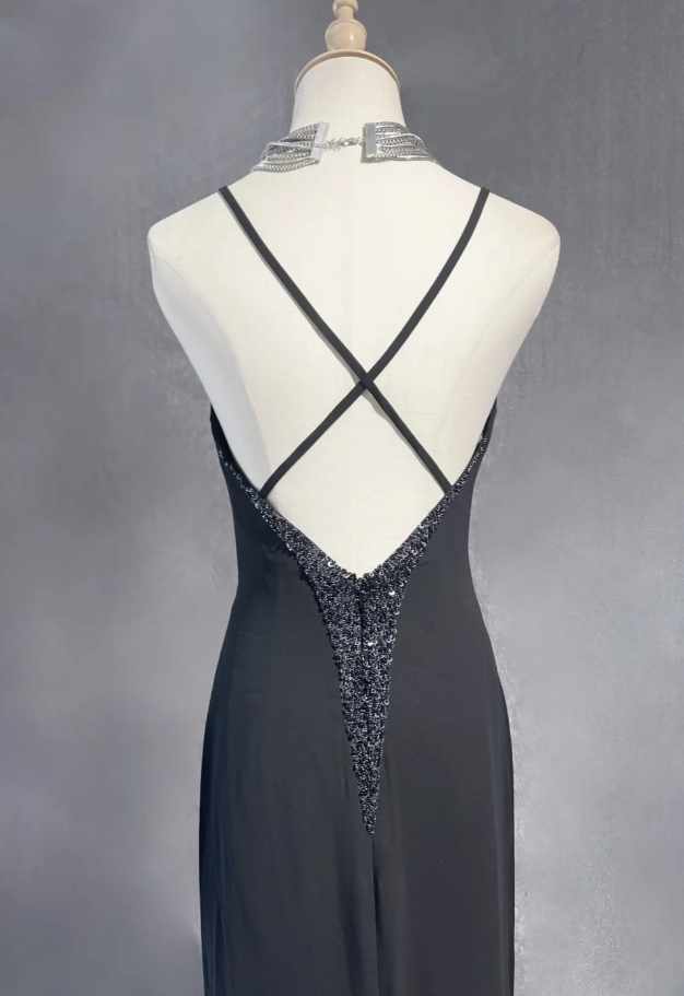 Chic Sheath Evening Dresses Beaded Chiffon Black Long Prom Dresses Sleeveless Brithday Dresses  DP04585