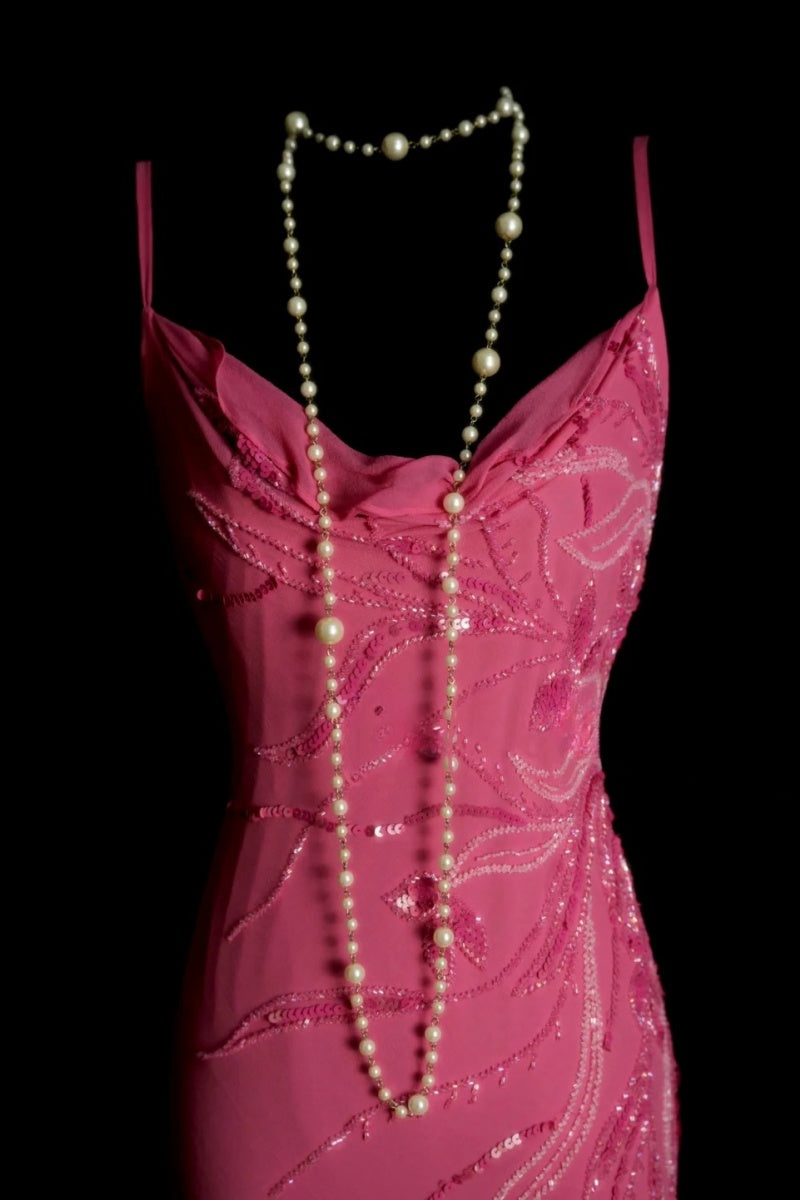 Chic Sheath Short  Prom Dresses Chiffon Beaded Hot Pink Birthday Dresses Sleeveless Evening Dresses DP04596