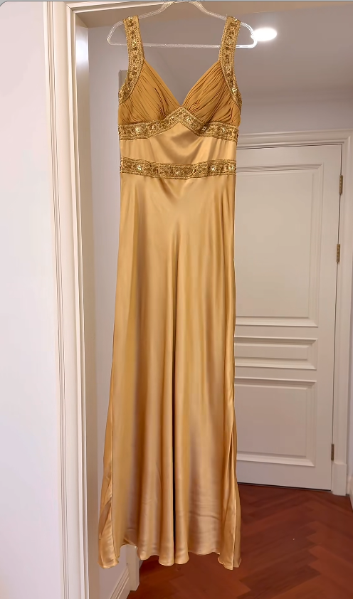 Vintage Gold Prom Dresses Satin Sheath Long Evening Dresses Beaded Sleeveless Party Dresses DP04601