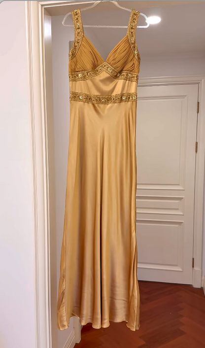 Vintage Gold Prom Dresses Satin Sheath Long Evening Dresses Beaded Sleeveless Party Dresses DP04601