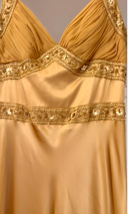 Vintage Gold Prom Dresses Satin Sheath Long Evening Dresses Beaded Sleeveless Party Dresses DP04601