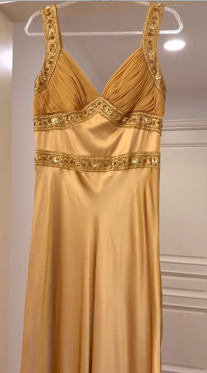 Vintage Gold Prom Dresses Satin Sheath Long Evening Dresses Beaded Sleeveless Party Dresses DP04601