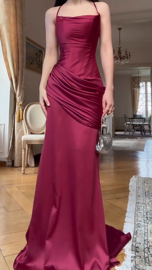 Vintage Burgundy Prom Dresses Satin Sheath Long Evening Dresses Sleeveless Party Dresses DP04603