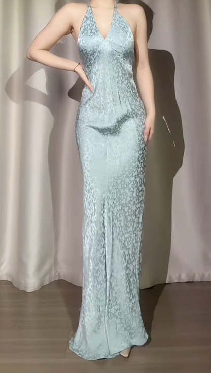 Vintage Blue Prom Dresses Beaded V-neck Long Evening Dresses Sleeveless Party Dresses DP04605