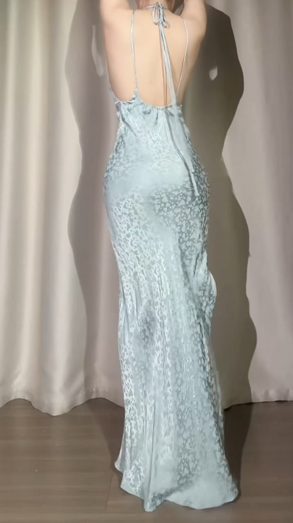 Vintage Blue Prom Dresses Beaded V-neck Long Evening Dresses Sleeveless Party Dresses DP04605