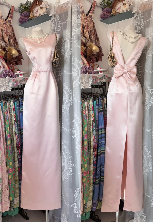 Vintage Sheath Pink Prom Dresses Satin Jewel Long Evening Dresses Sleeveless Party Dresses DP04607