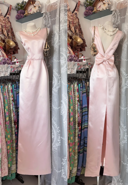 Vintage Sheath Pink Prom Dresses Satin Jewel Long Evening Dresses Sleeveless Party Dresses DP04607