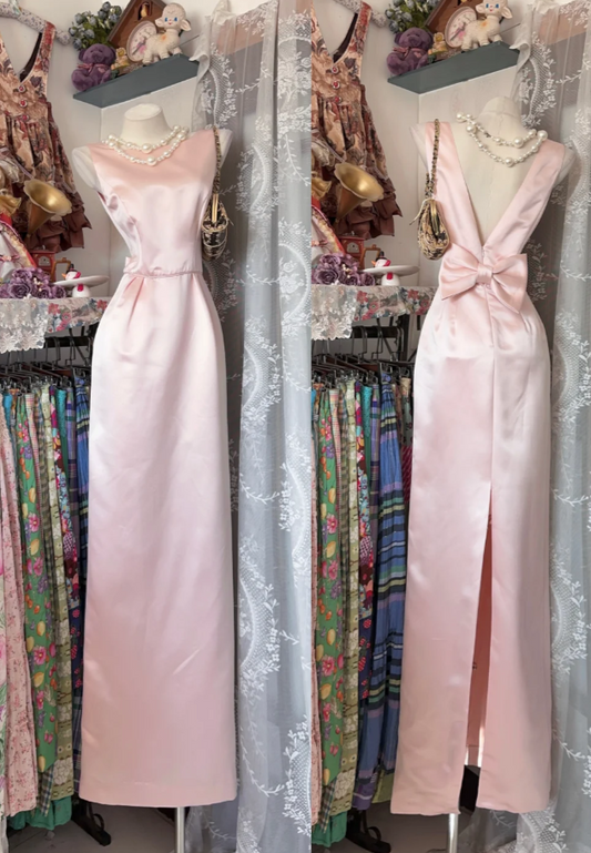 Vintage Sheath Pink Prom Dresses Satin Jewel Long Evening Dresses Sleeveless Party Dresses DP04607