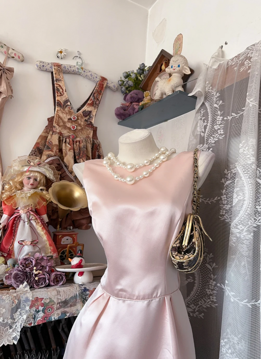 Vintage Sheath Pink Prom Dresses Satin Jewel Long Evening Dresses Sleeveless Party Dresses DP04607