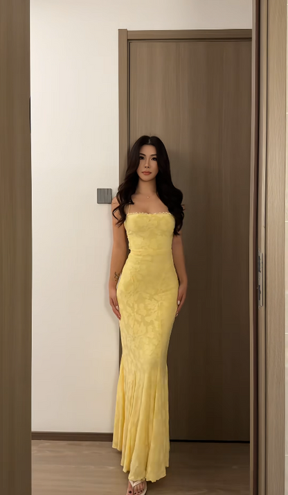 Vintage Sheath Yellow Prom Dresses Lace Spaghetti Straps Long Evening Dresses Sleeveless Party Dresses DP04608