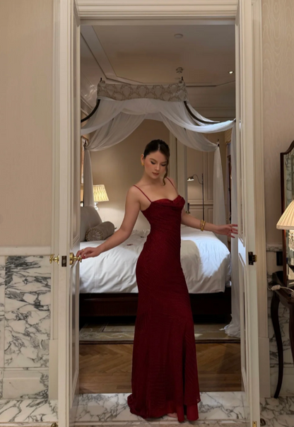 Vintage Sheath Burgundy Prom Dresses Chiffon Spaghetti Straps Long Evening Dresses Sleeveless Party Dresses DP04610