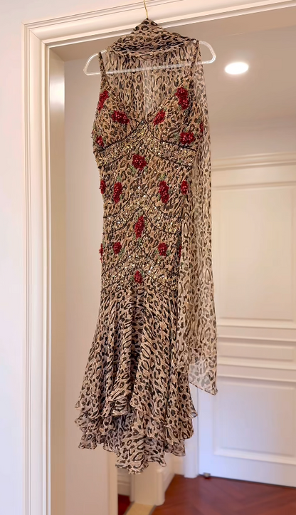 Sexy Sheath Leopard Short Prom Dresses Chiffon Spaghetti Straps Long Evening Dresses Sleeveless Party Dresses DP04611