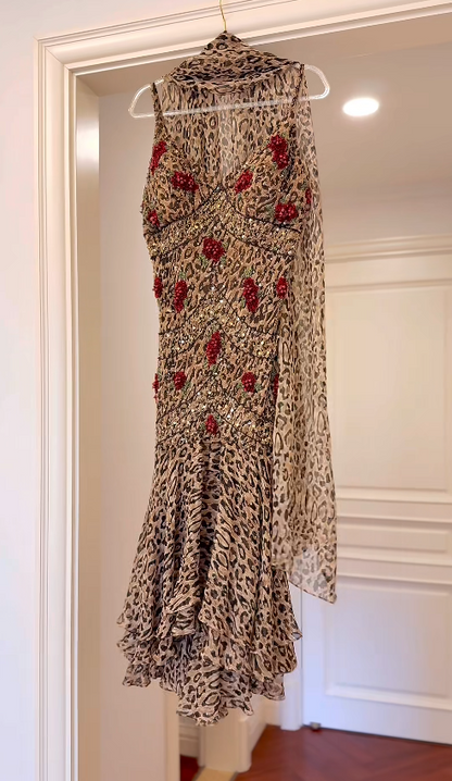 Sexy Sheath Leopard Short Prom Dresses Chiffon Spaghetti Straps Long Evening Dresses Sleeveless Party Dresses DP04611