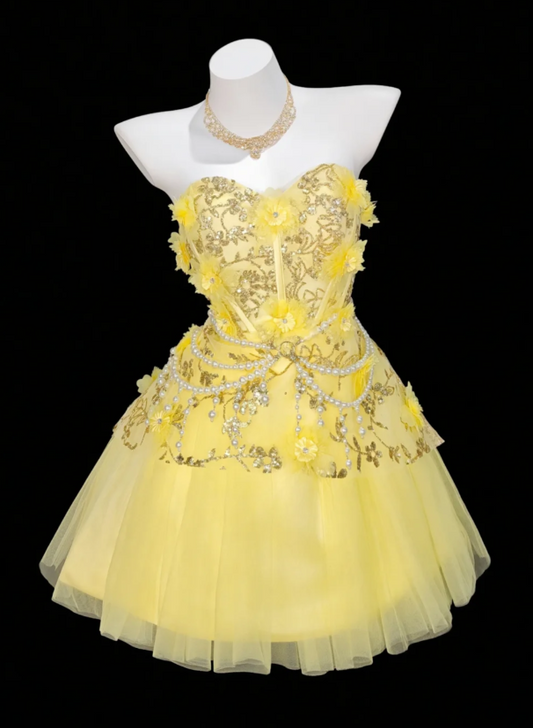 Cute A-Line Yellow Short Prom Dresses Tulle Applique Sweetheart Evening Dresses Sleeveless Party Dresses DP04612