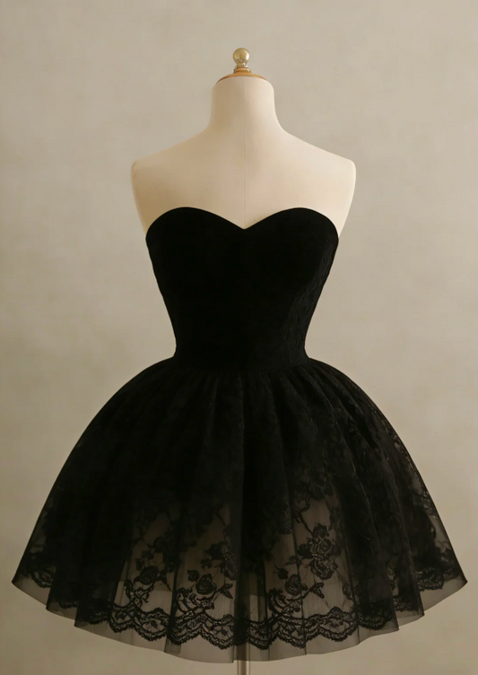 Cute A-Line Black Short Prom Dresses Tulle Sweetheart  Evening Dresses Sleeveless Party Dresses DP04613