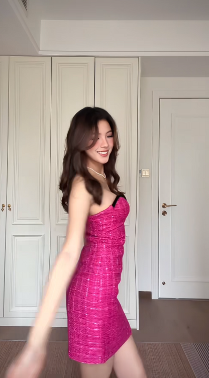 Sexy Sheath Hot Pink Short Prom Dresses Satin Sweetheart Evening Dresses Sleeveless Party Dresses DP04615