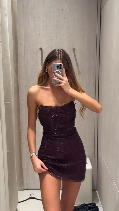 Sexy Sheath Dark Purple Short Prom Dresses Tulle Strapless Evening Dresses Sleeveless Party Dresses DP04616